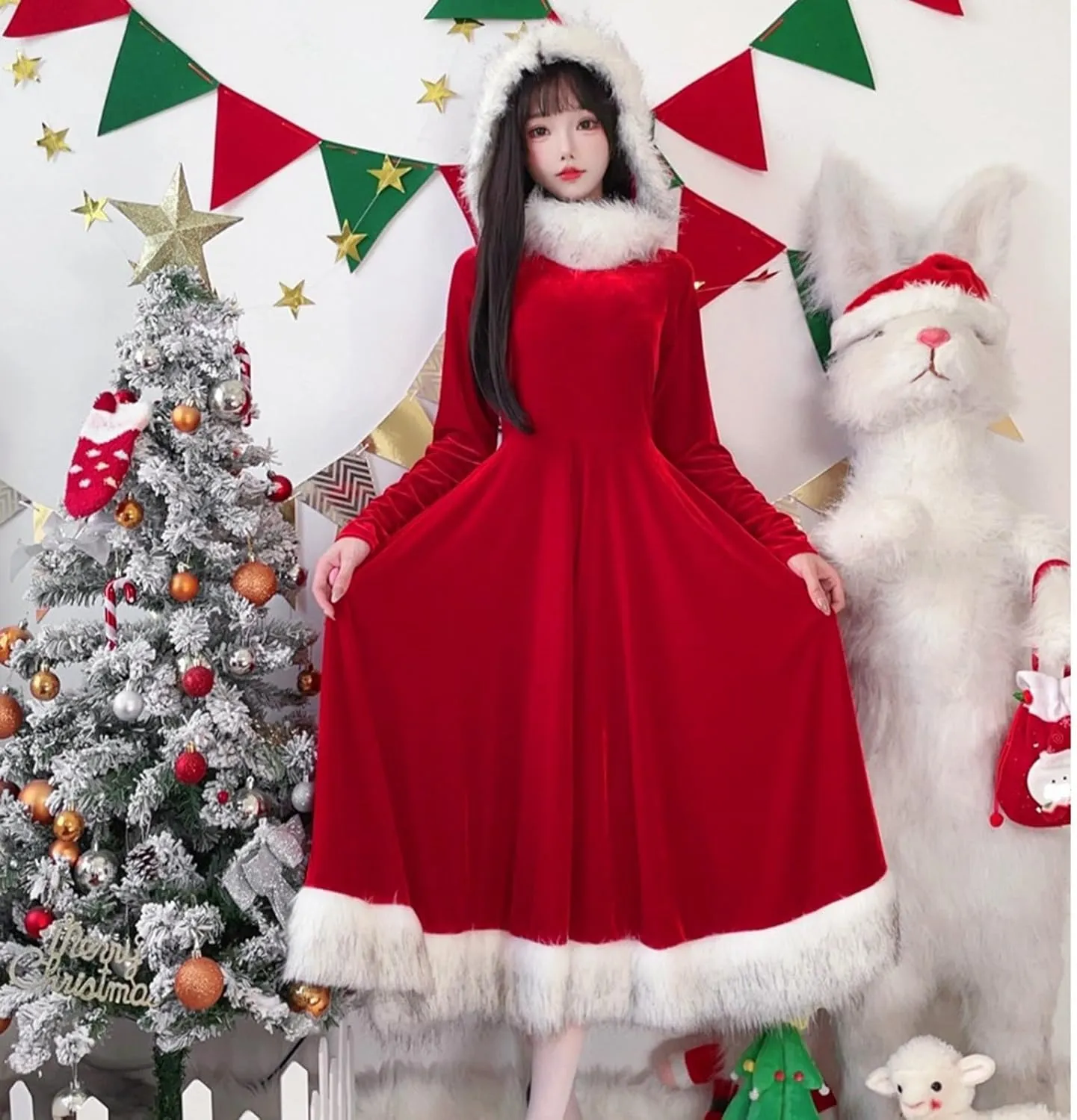 hlysgo Christmas Dresses for Women 2024 Winter Warm Fashion Long Sleeve Mini Dress Xmas A-Line Swing Fuzzy V Neck Cute Dress