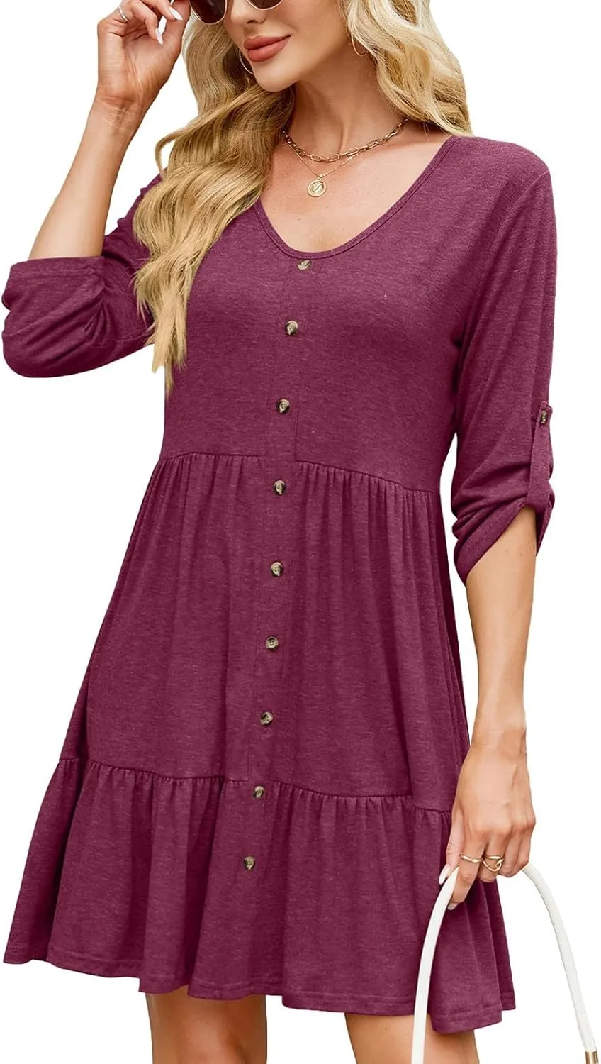 hlysgo Spring Dresses for Women V Neck Casual Mini Dress Solid Roll Up 3/4 Length Sleeve Ruffle Flowy Short Dress