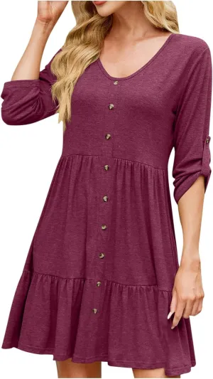 hlysgo Spring Dresses for Women V Neck Casual Mini Dress Solid Roll Up 3/4 Length Sleeve Ruffle Flowy Short Dress