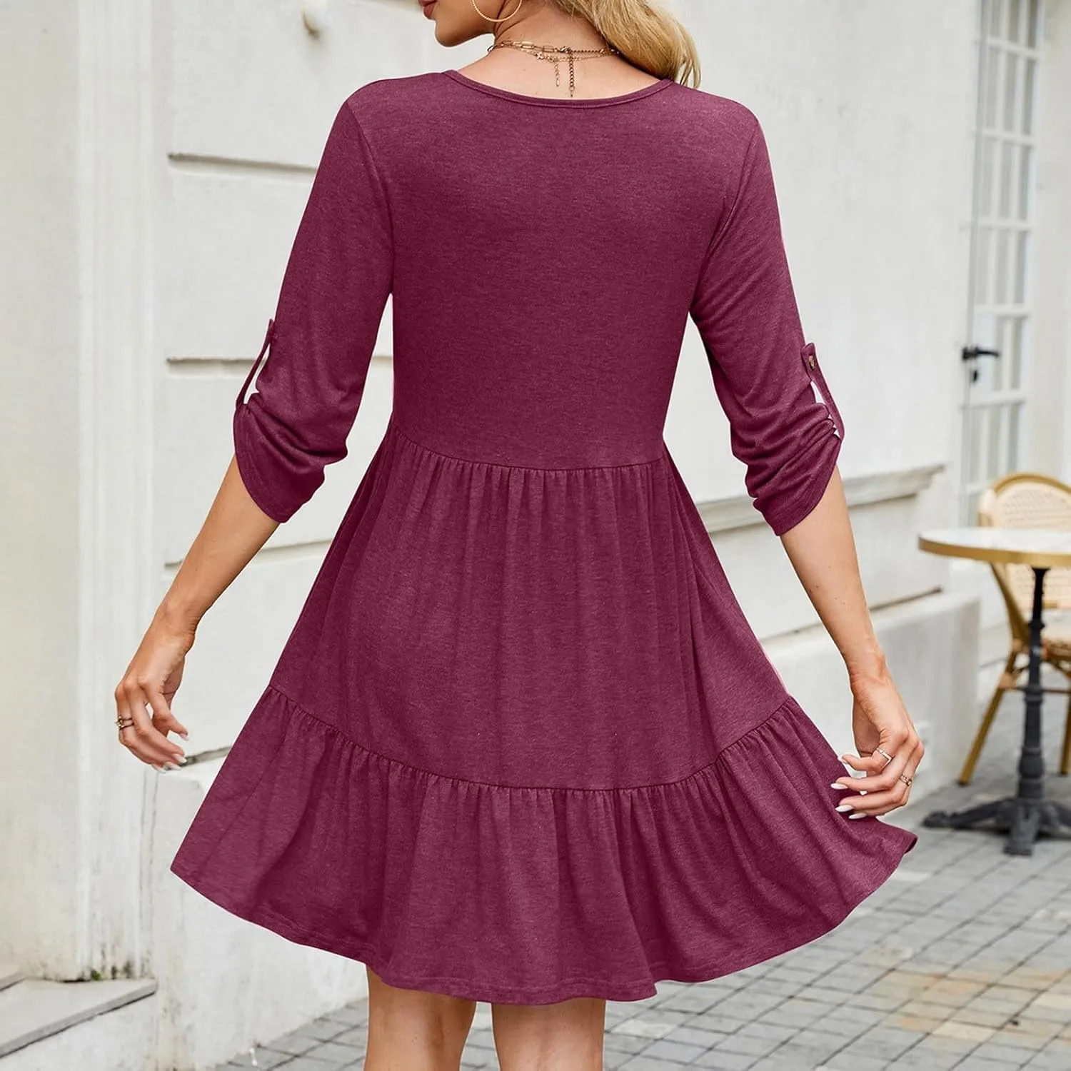hlysgo Spring Dresses for Women V Neck Casual Mini Dress Solid Roll Up 3/4 Length Sleeve Ruffle Flowy Short Dress