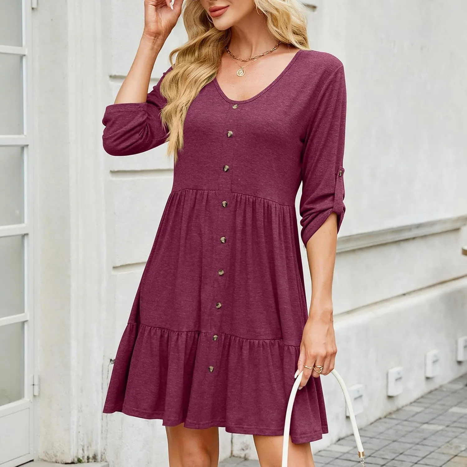 hlysgo Spring Dresses for Women V Neck Casual Mini Dress Solid Roll Up 3/4 Length Sleeve Ruffle Flowy Short Dress