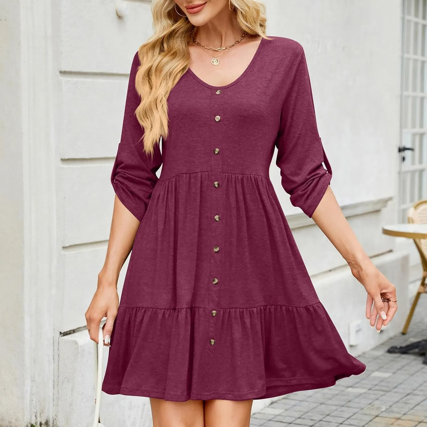 hlysgo Spring Dresses for Women V Neck Casual Mini Dress Solid Roll Up 3/4 Length Sleeve Ruffle Flowy Short Dress