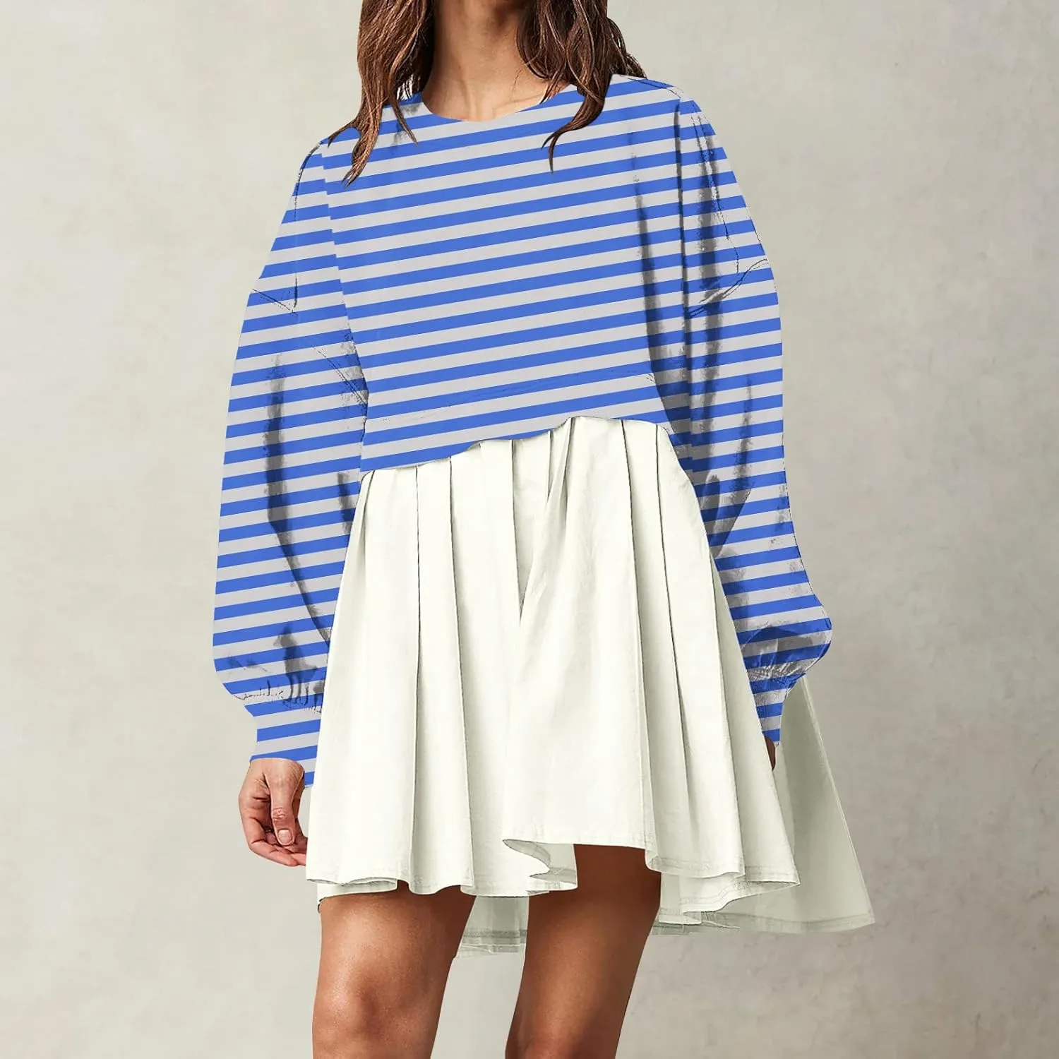 hlysgo Sweatshirt Dress Women Patchwork Long Sleeve Crewneck Pullover Dresses 2024 Fall Flowy Striped Sweatshirts Mini Dress