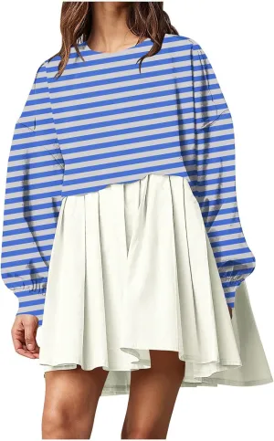 hlysgo Sweatshirt Dress Women Patchwork Long Sleeve Crewneck Pullover Dresses 2024 Fall Flowy Striped Sweatshirts Mini Dress