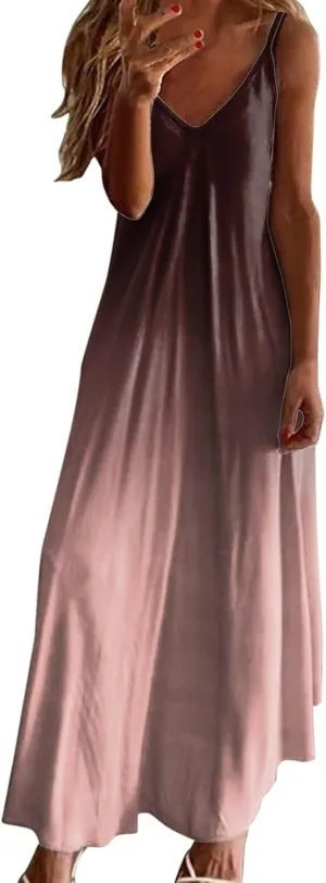 hlysgo V Neck Summer Dress for Women Boho Spaghetti Straps Long Dresses Casual Flowy Sundress A-Line Beach Dress