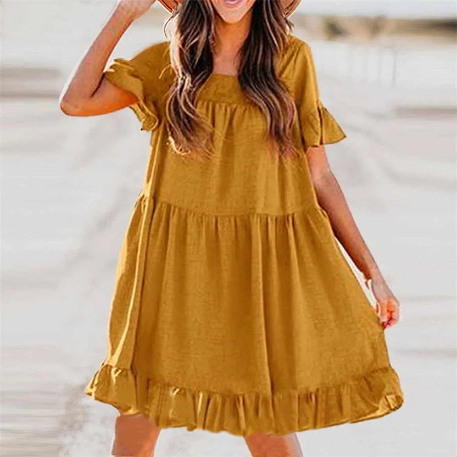 hlysgo Vacation Dresses for Women 2024 Summer Short Sleeve Square Neck Mini Dress Casual Ruffle A-Line Swing Beach Dress
