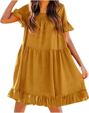 hlysgo Vacation Dresses for Women 2024 Summer Short Sleeve Square Neck Mini Dress Casual Ruffle A-Line Swing Beach Dress