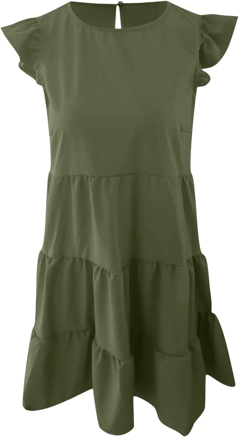hlysgo Women Summer Dress Casual Loose Fit Ruffled Sleeveless Crew Neck Mini Dress Trendy Peplum Knee Length Beach Sundress