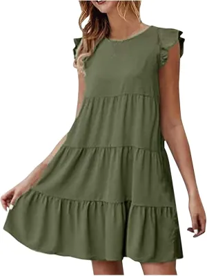hlysgo Women Summer Dress Casual Loose Fit Ruffled Sleeveless Crew Neck Mini Dress Trendy Peplum Knee Length Beach Sundress