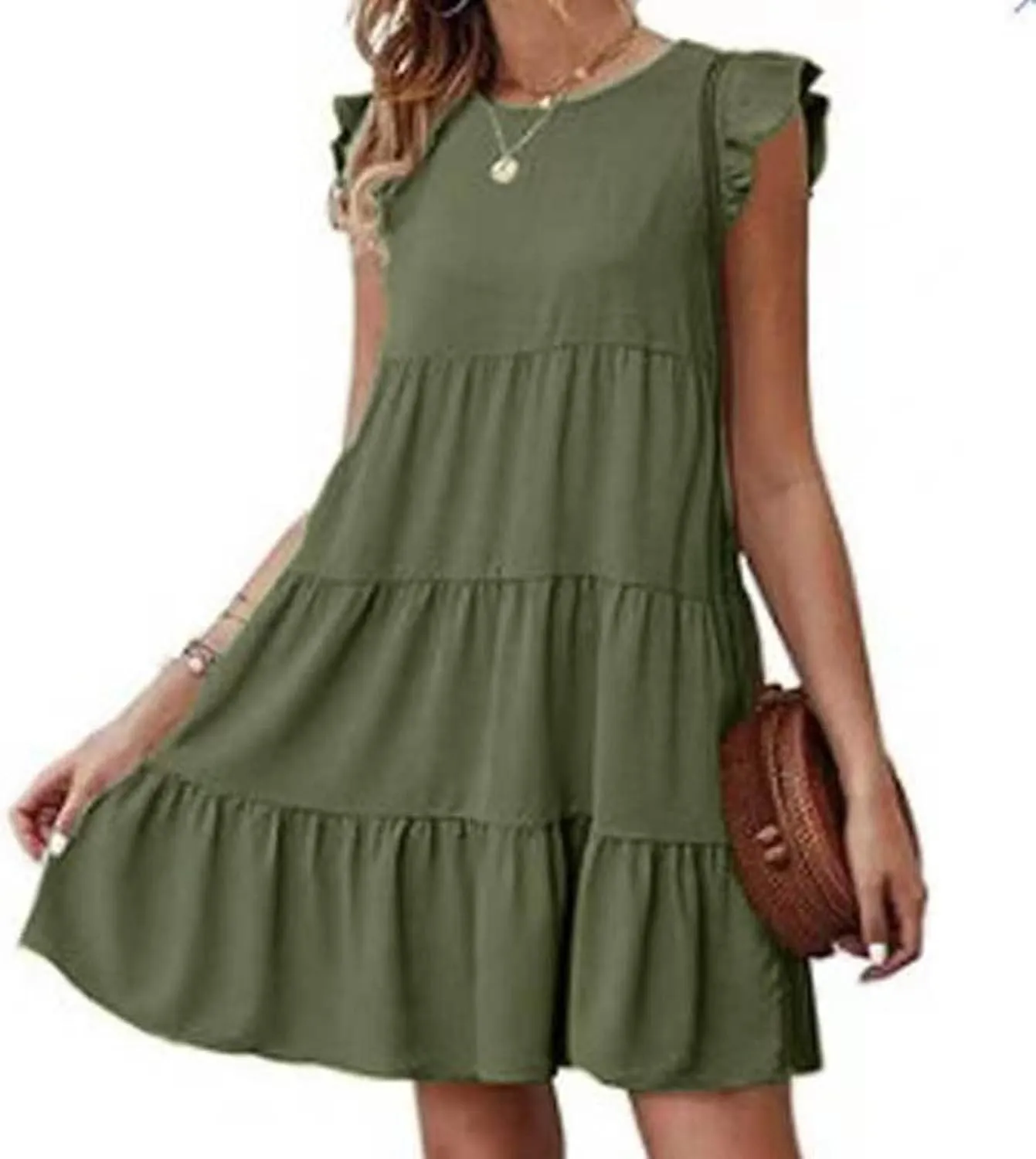 hlysgo Women Summer Dress Casual Loose Fit Ruffled Sleeveless Crew Neck Mini Dress Trendy Peplum Knee Length Beach Sundress