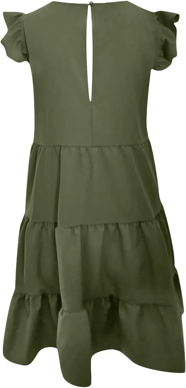 hlysgo Women Summer Dress Casual Loose Fit Ruffled Sleeveless Crew Neck Mini Dress Trendy Peplum Knee Length Beach Sundress