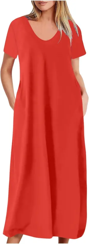 hlysgo Women V-Neck Short Sleeve Summer Dresses 2024 Plus Size Spring Casual Loose Fit Maxi Dress Pajamas with Pockets
