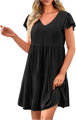 hlysgo Women's 2024 Summer Short Dress V Neck Flutter Sleeve Tiered Ruffle Dresses Casual Loose Cute Mini Dress