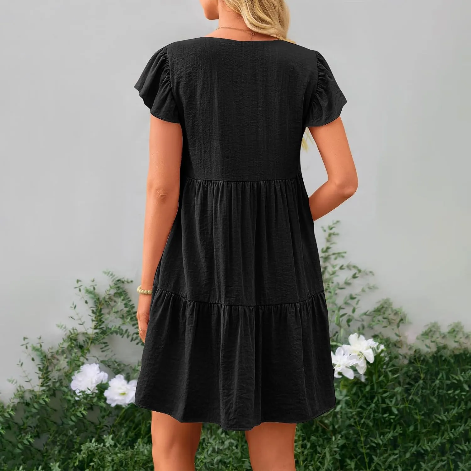 hlysgo Women's 2024 Summer Short Dress V Neck Flutter Sleeve Tiered Ruffle Dresses Casual Loose Cute Mini Dress