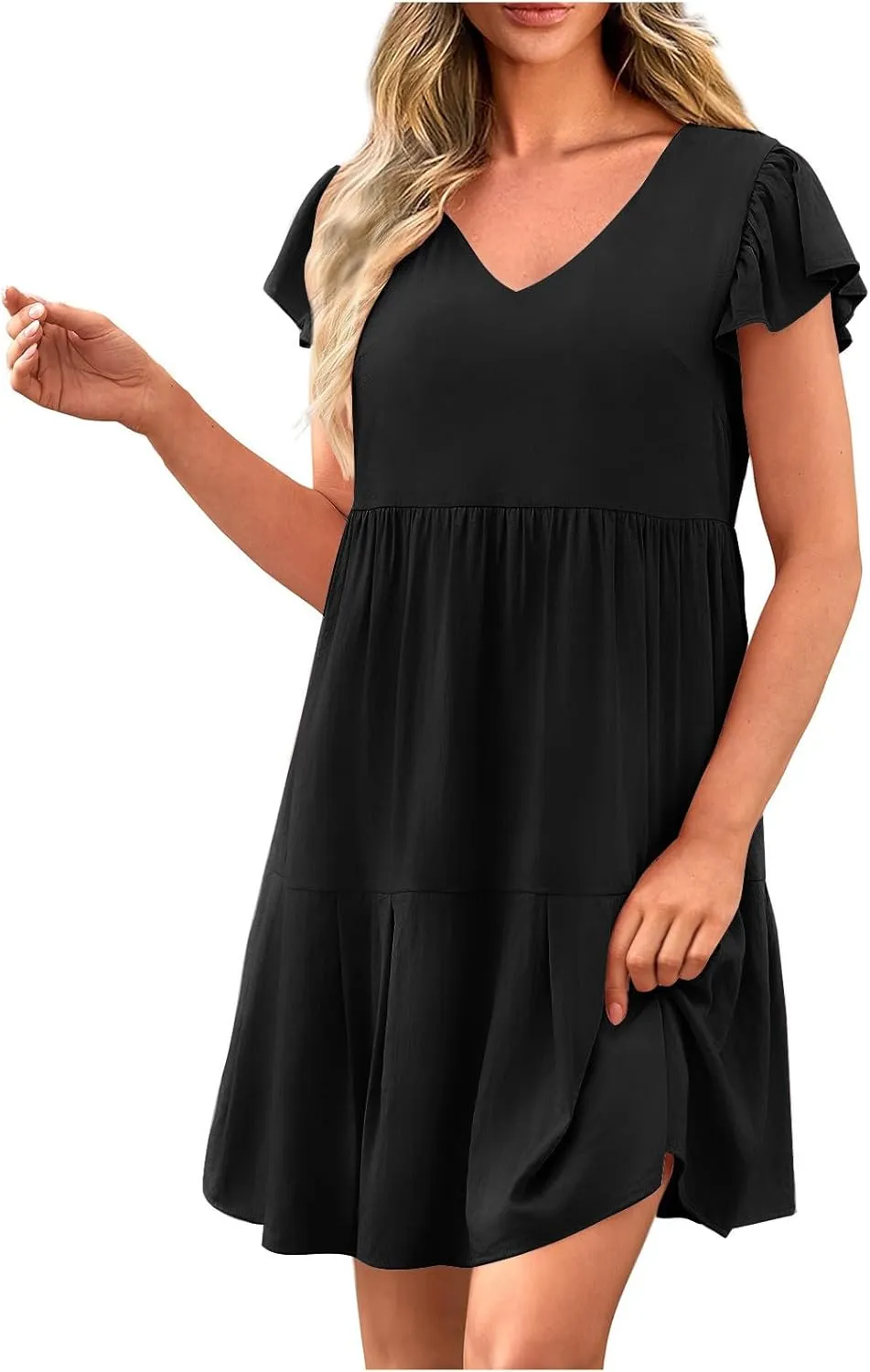hlysgo Women's 2024 Summer Short Dress V Neck Flutter Sleeve Tiered Ruffle Dresses Casual Loose Cute Mini Dress