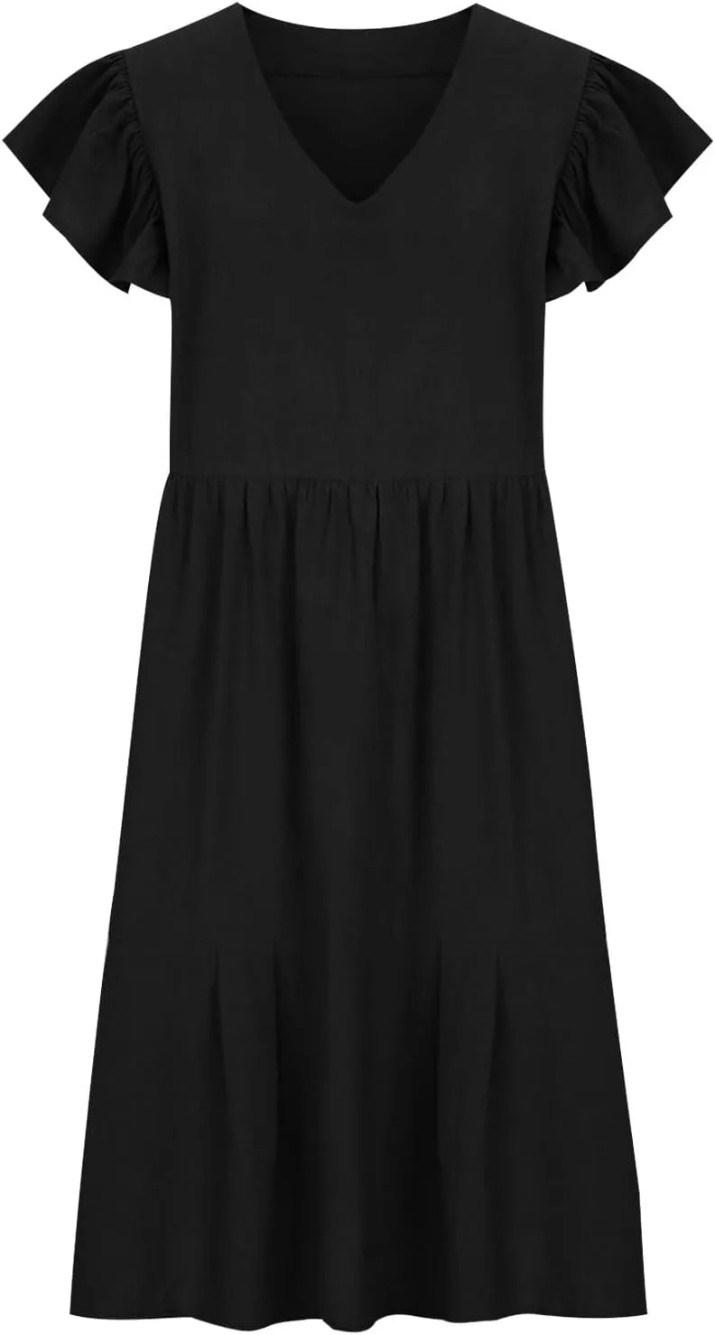 hlysgo Women's 2024 Summer Short Dress V Neck Flutter Sleeve Tiered Ruffle Dresses Casual Loose Cute Mini Dress