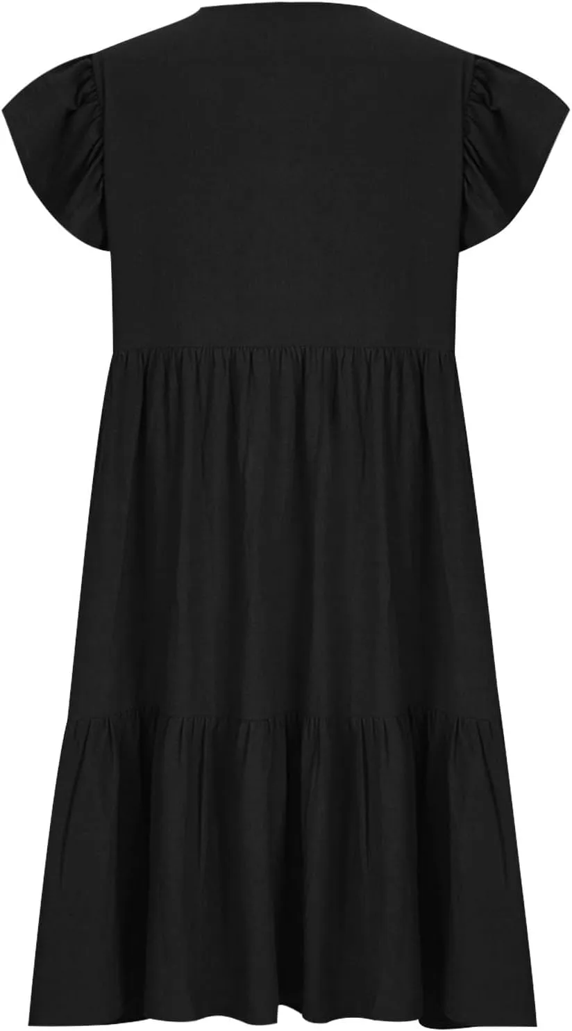 hlysgo Women's 2024 Summer Short Dress V Neck Flutter Sleeve Tiered Ruffle Dresses Casual Loose Cute Mini Dress