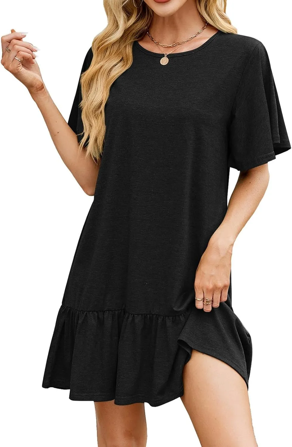 hlysgo Women's Short Sleeve Casual Dress Round Neck Soft Pajamas Ruffle Mini Dress Loose Fit Comfy Loungewear