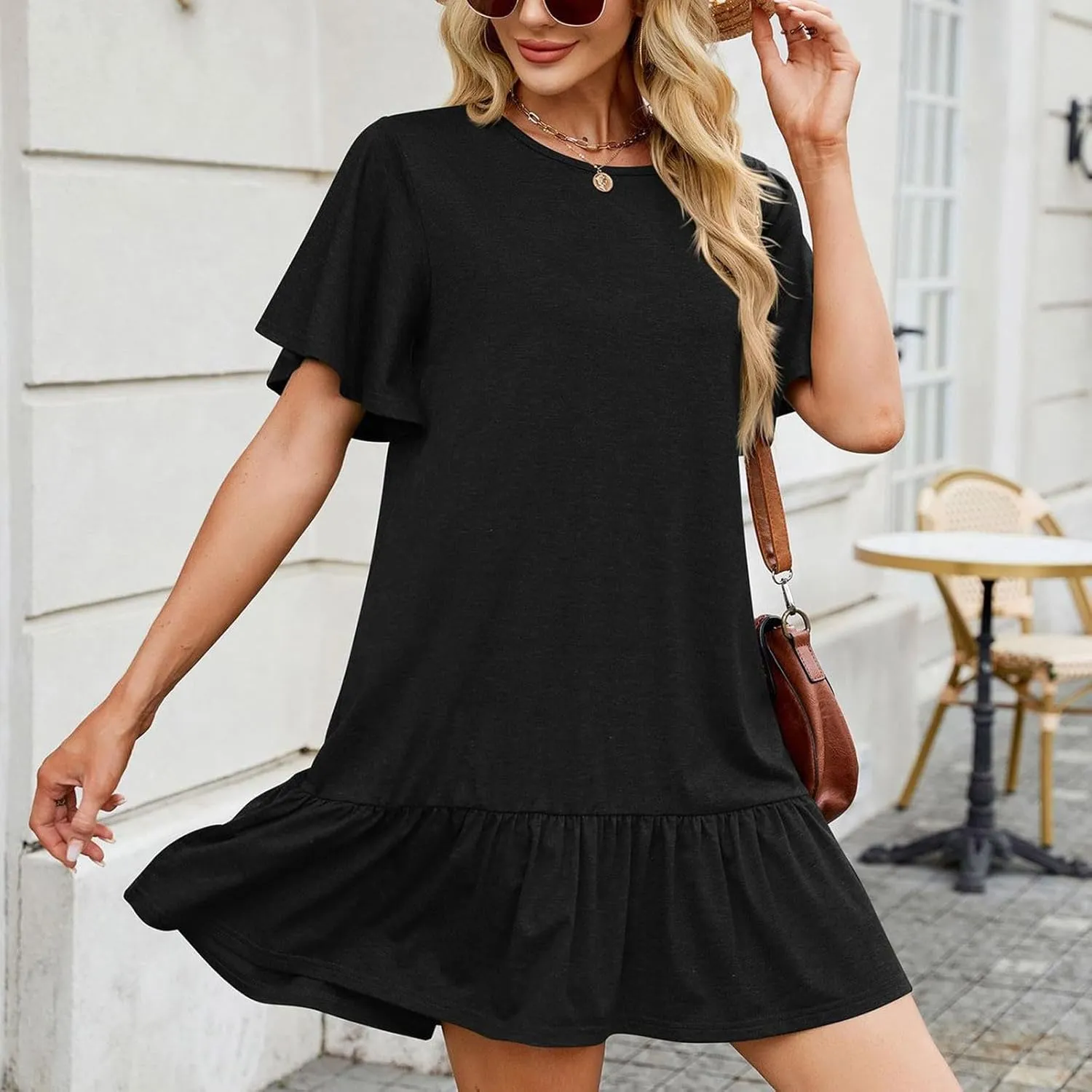 hlysgo Women's Short Sleeve Casual Dress Round Neck Soft Pajamas Ruffle Mini Dress Loose Fit Comfy Loungewear