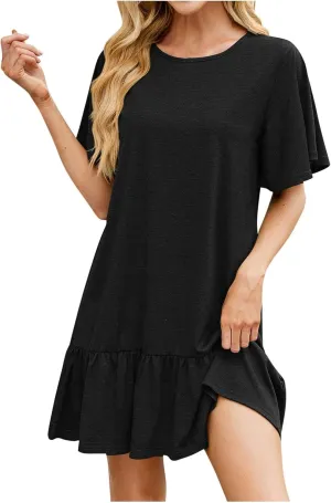 hlysgo Women's Short Sleeve Casual Dress Round Neck Soft Pajamas Ruffle Mini Dress Loose Fit Comfy Loungewear