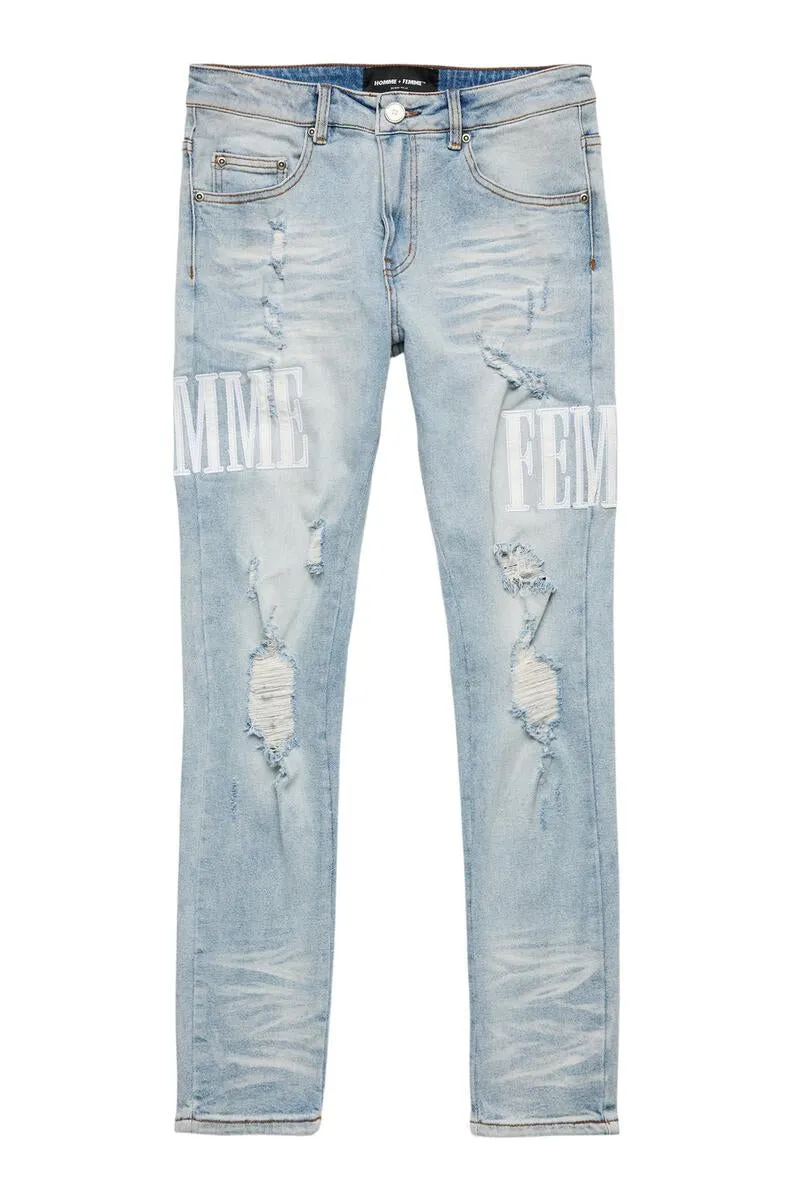 Homme Femme Jeans - Letterman  - Blue With White - HFSP202181