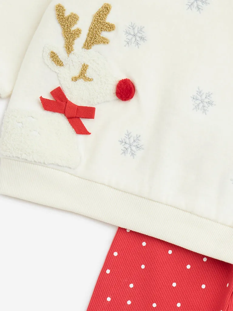 HOP Baby Off-White Applique Detail Cotton Top and Pants Set
