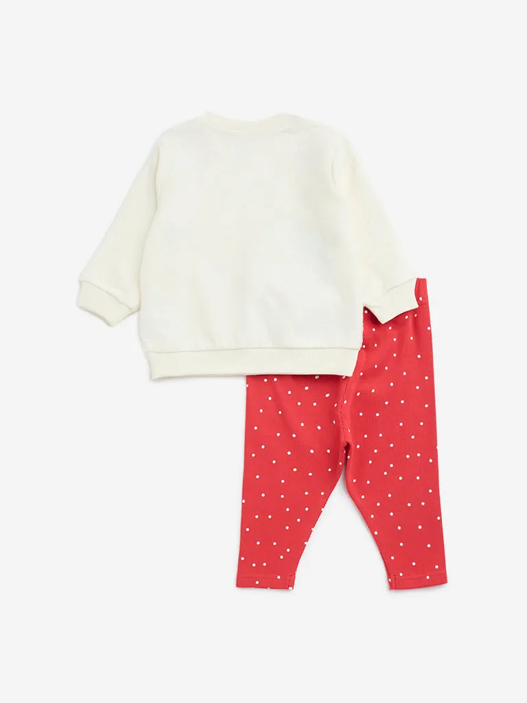 HOP Baby Off-White Applique Detail Cotton Top and Pants Set