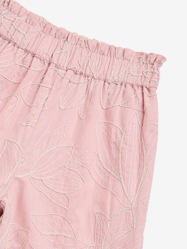 HOP Kids Dusty Pink Embroidered High-Rise Cotton Pants