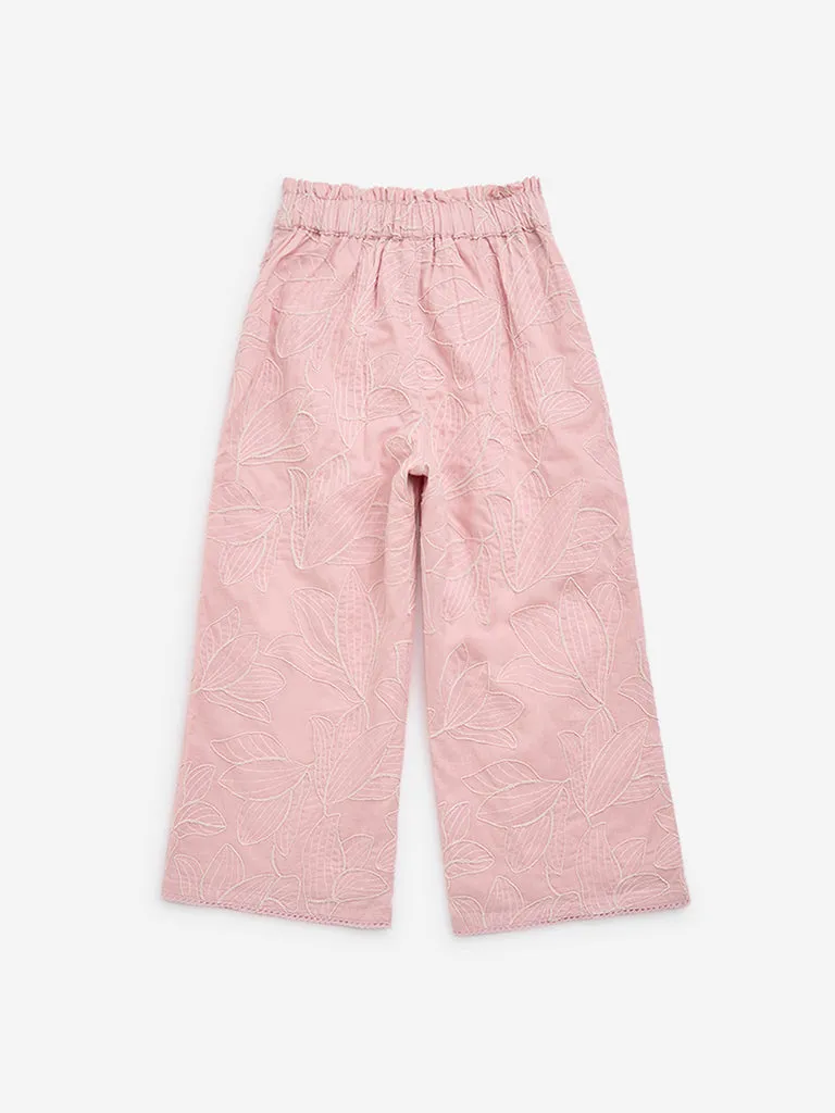 HOP Kids Dusty Pink Embroidered High-Rise Cotton Pants