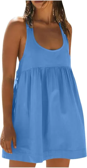Hot Shot Mini Dress 2024 Summer Sleeveless Loose Fit Sundresses with Pockets Solid Color Scoop Neck Beach Dresses