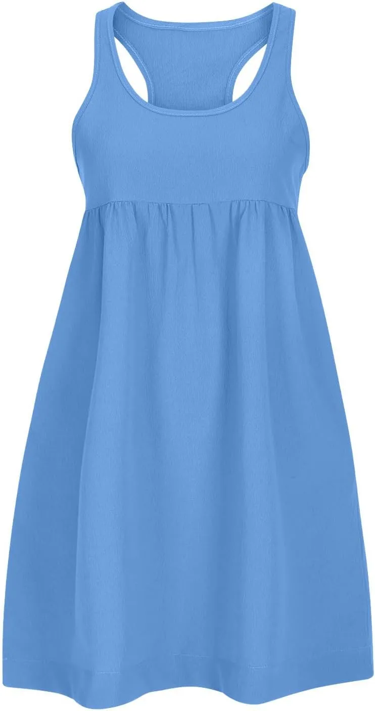 Hot Shot Mini Dress 2024 Summer Sleeveless Loose Fit Sundresses with Pockets Solid Color Scoop Neck Beach Dresses