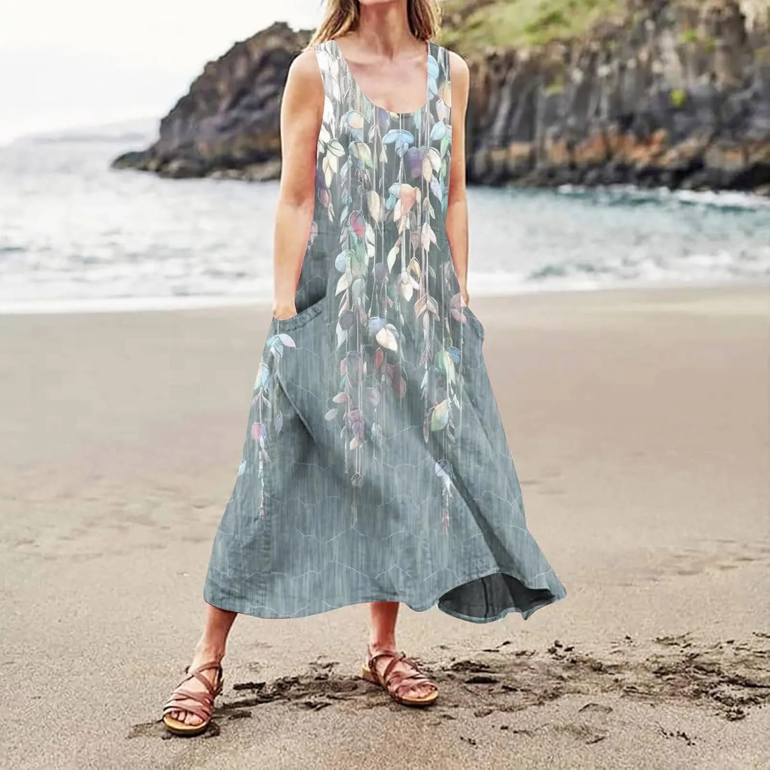 HXHYQKP Plus Size Dresses for Curvy Women - Sleeveless Summer Maxi Sun Dresses with Pockets
