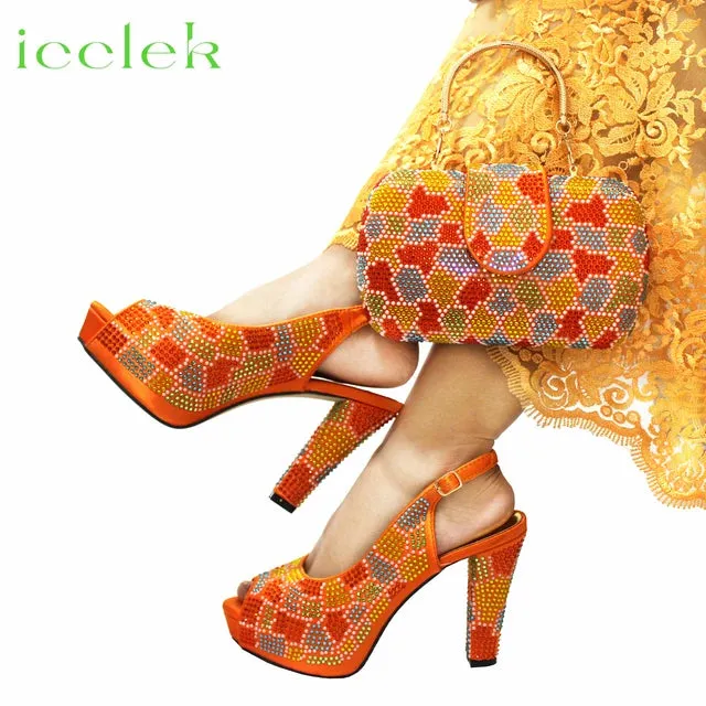 ICCLEK Silver Color Peep Toe Shoes Matching Bag Set