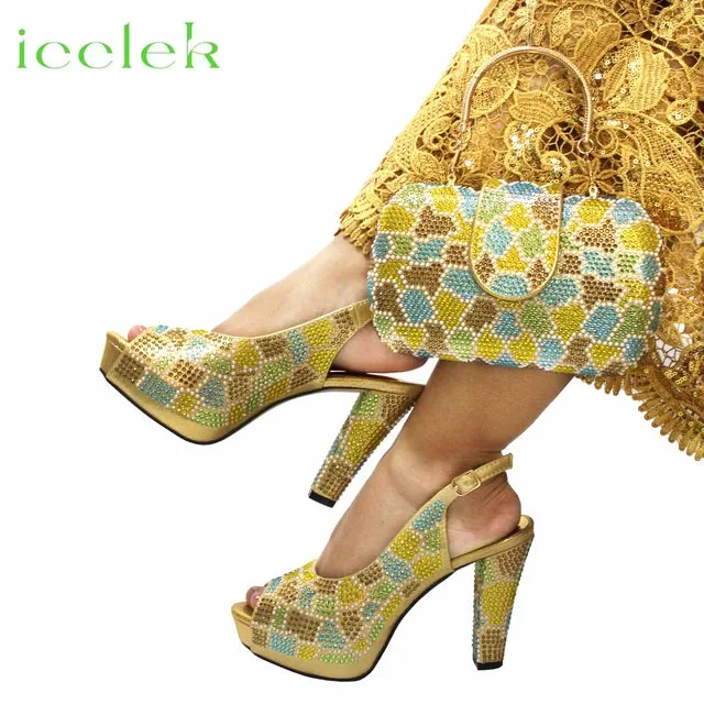 ICCLEK Silver Color Peep Toe Shoes Matching Bag Set
