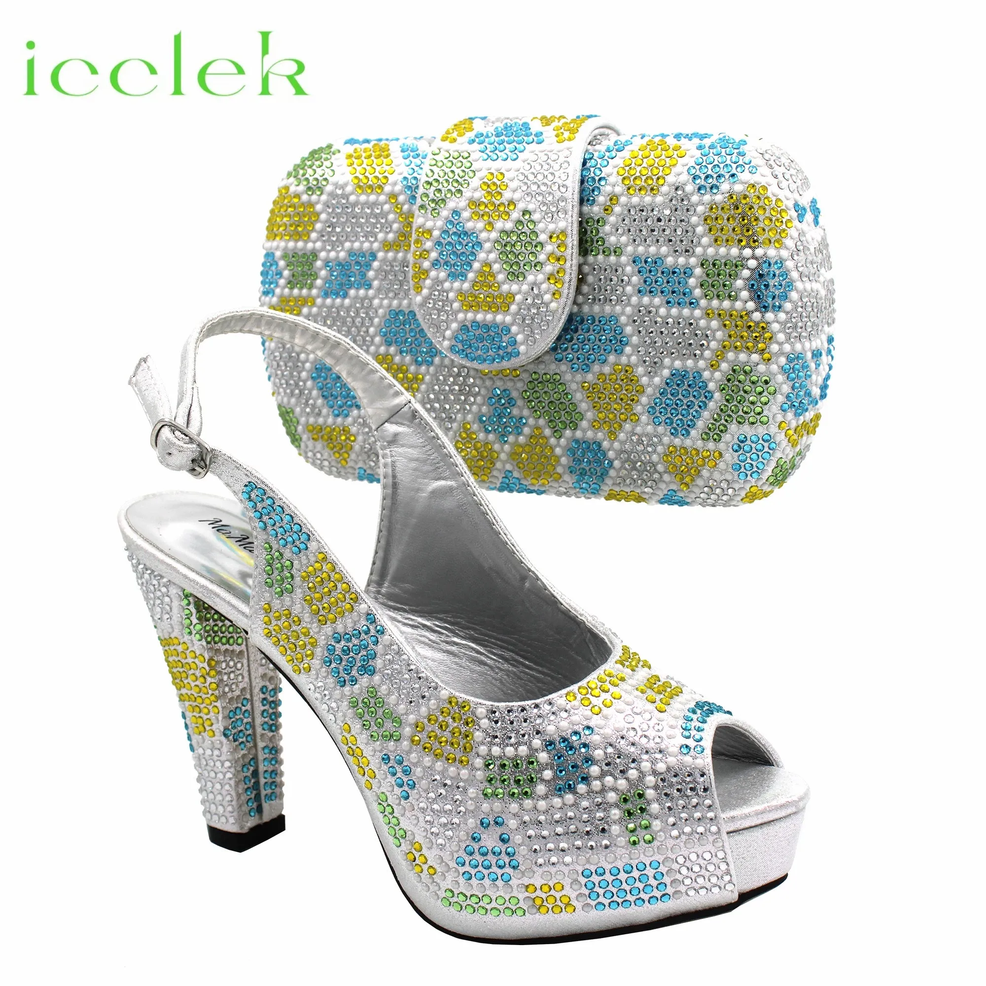 ICCLEK Silver Color Peep Toe Shoes Matching Bag Set