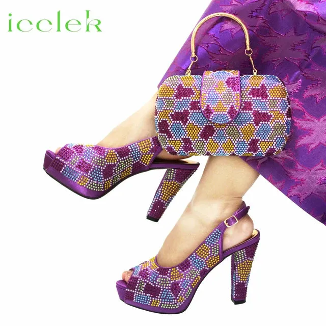 ICCLEK Silver Color Peep Toe Shoes Matching Bag Set