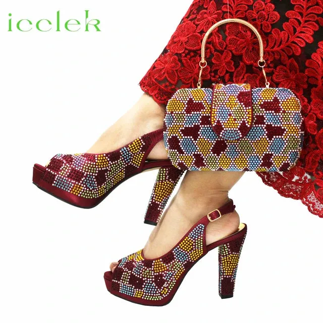 ICCLEK Silver Color Peep Toe Shoes Matching Bag Set
