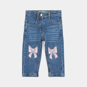 Infant Girls Denim Stretch Denim Pant Bow-Mid Blue