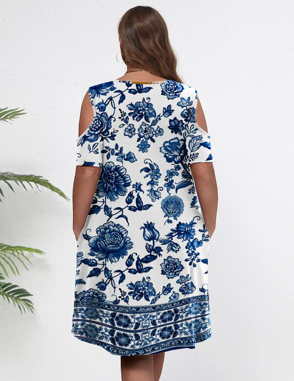 IN'VOLAND Women's Plus Size Summer Dress Short Sleeve Beach Floral Crew Neck Casual Mini Dresses with Pockets