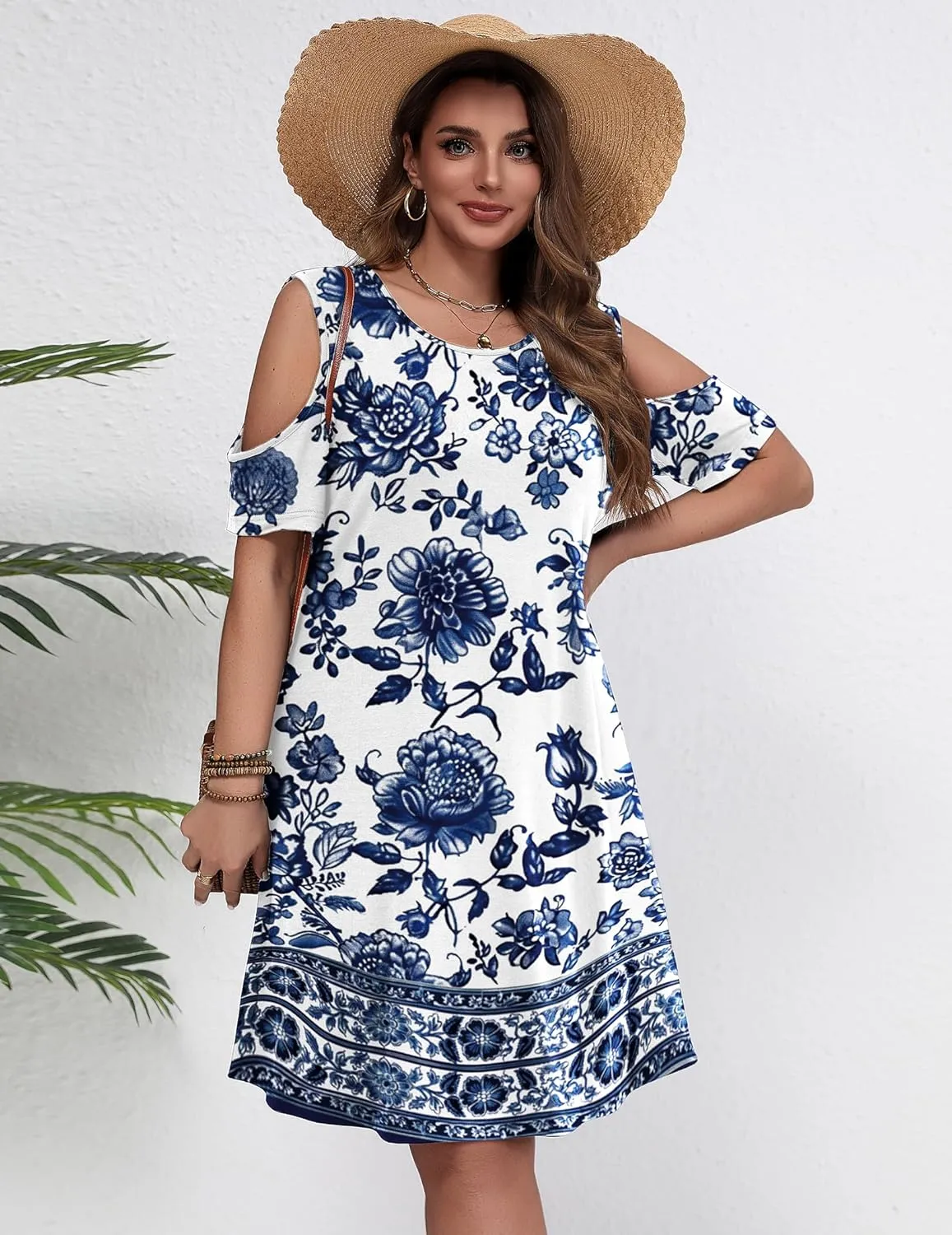 IN'VOLAND Women's Plus Size Summer Dress Short Sleeve Beach Floral Crew Neck Casual Mini Dresses with Pockets