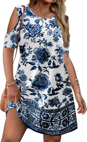 IN'VOLAND Women's Plus Size Summer Dress Short Sleeve Beach Floral Crew Neck Casual Mini Dresses with Pockets