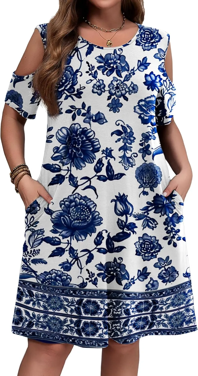 IN'VOLAND Women's Plus Size Summer Dress Short Sleeve Beach Floral Crew Neck Casual Mini Dresses with Pockets