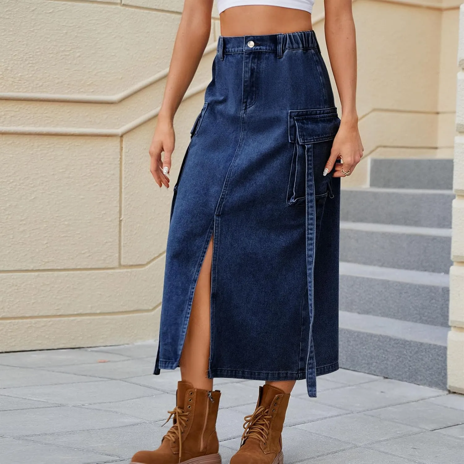Jean Skirt for Women 2024 Fashion Stretchy A-Line Loose Long Skirt Teen Girls Cute High Waisted Jean Skirt with Pocket
