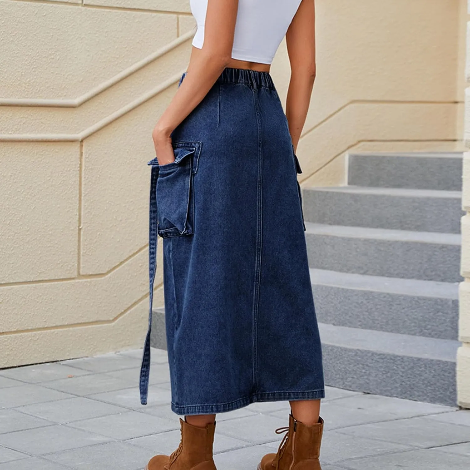Jean Skirt for Women 2024 Fashion Stretchy A-Line Loose Long Skirt Teen Girls Cute High Waisted Jean Skirt with Pocket