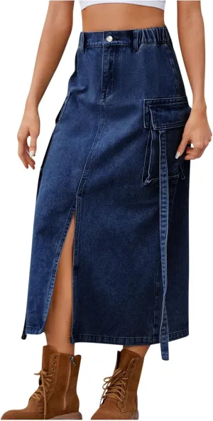 Jean Skirt for Women 2024 Fashion Stretchy A-Line Loose Long Skirt Teen Girls Cute High Waisted Jean Skirt with Pocket