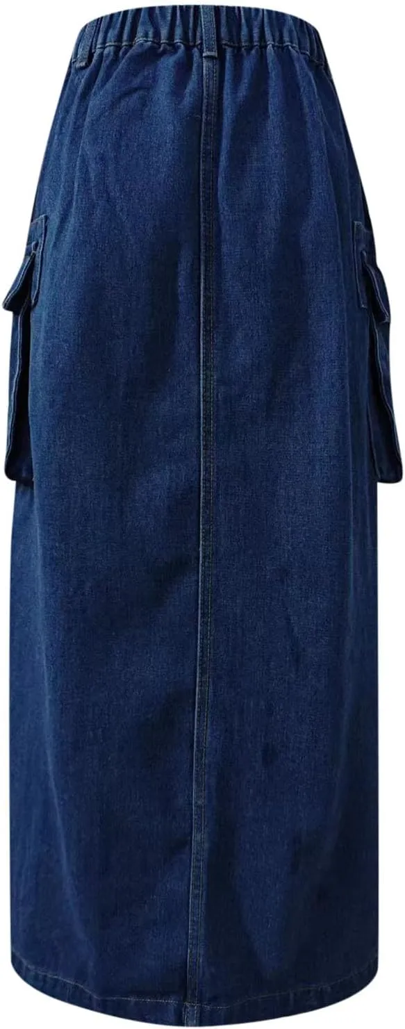 Jean Skirt for Women 2024 Fashion Stretchy A-Line Loose Long Skirt Teen Girls Cute High Waisted Jean Skirt with Pocket