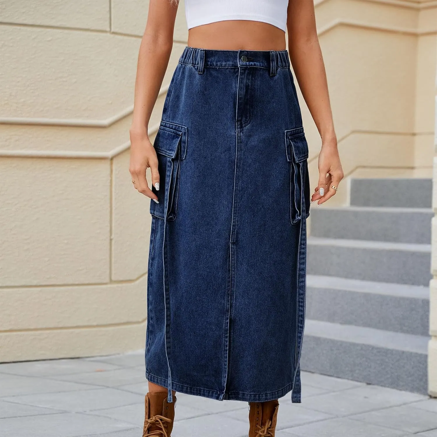 Jean Skirt for Women 2024 Fashion Stretchy A-Line Loose Long Skirt Teen Girls Cute High Waisted Jean Skirt with Pocket