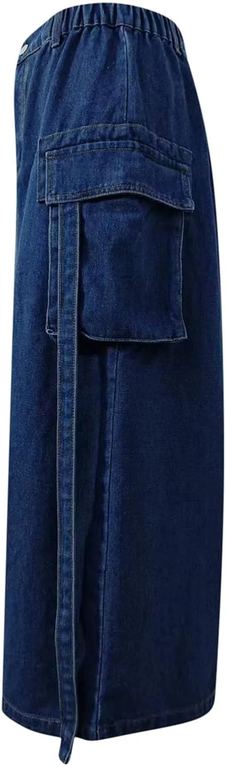 Jean Skirt for Women 2024 Fashion Stretchy A-Line Loose Long Skirt Teen Girls Cute High Waisted Jean Skirt with Pocket