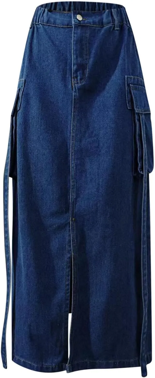 Jean Skirt for Women 2024 Fashion Stretchy A-Line Loose Long Skirt Teen Girls Cute High Waisted Jean Skirt with Pocket
