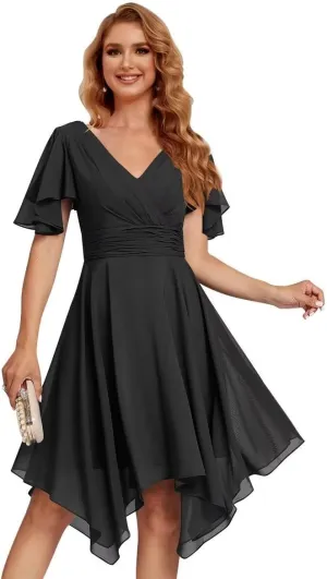 Jingguo'er Ruffle Sleeves Bridesmaid Dresses 2025 V-Neck Chiffon Short Formal Wedding Evening Party Gowns for Women